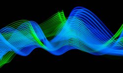 Abstract technology banner design. Digital neon lines on black background. Modern texture. Waves flow. Quantum explosion. High quality photo