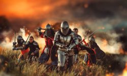 Medieval knights in armor and helmets with swords and axes on battle field, great combat. Armored ancient warriors